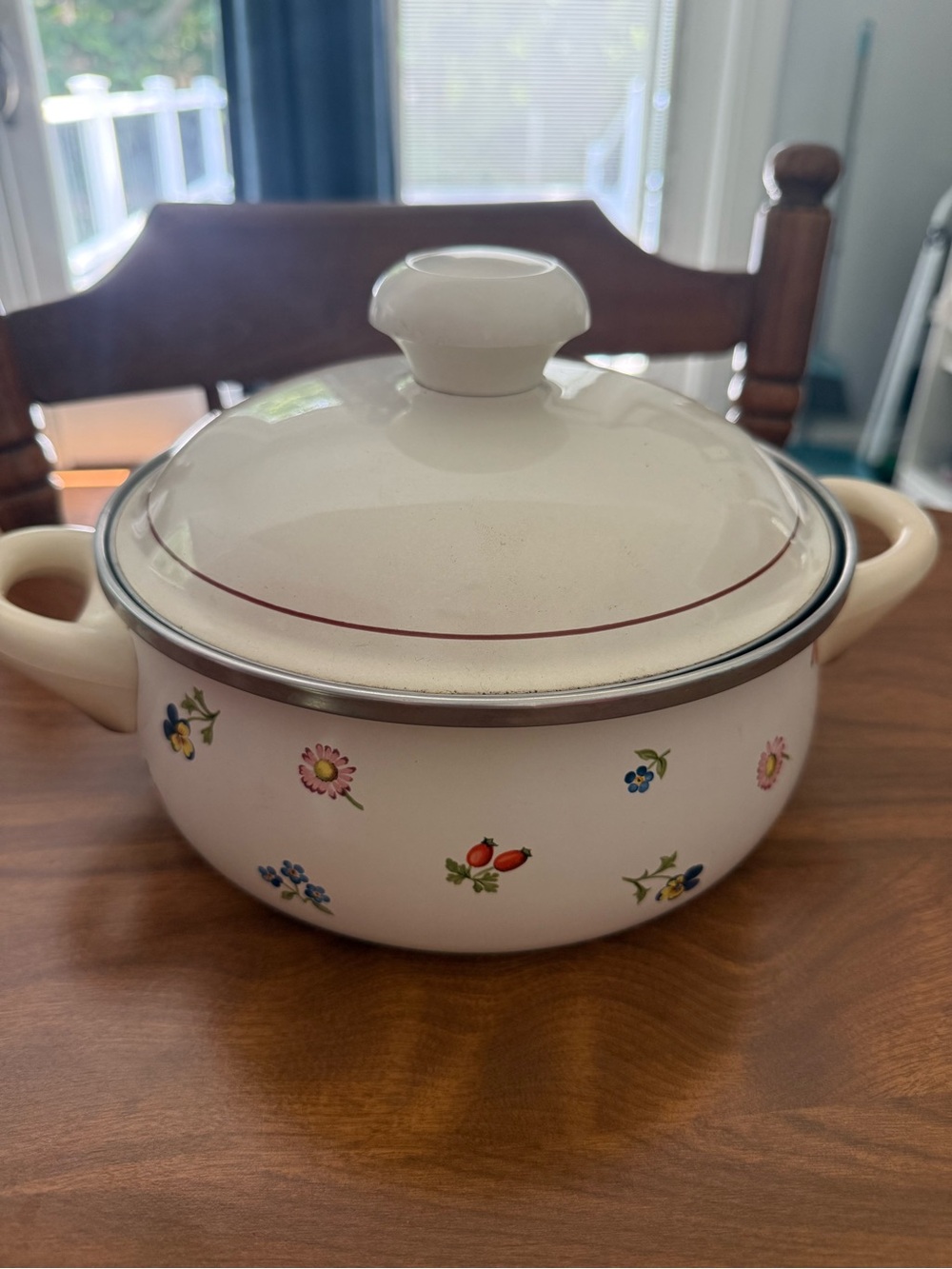 Vintage White Floral Enamel Covered Casserole